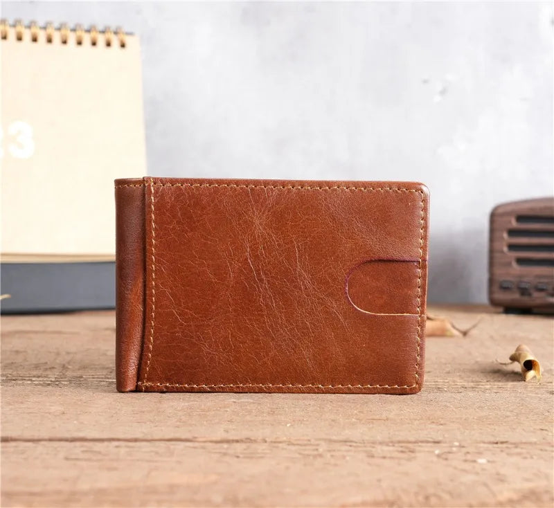 Crazy Horse Leather Men Wallets Retro Handmade Small Purse Top Cow Leather US Dollar Money Clip Bag Minimalist Wallet Portomonee
