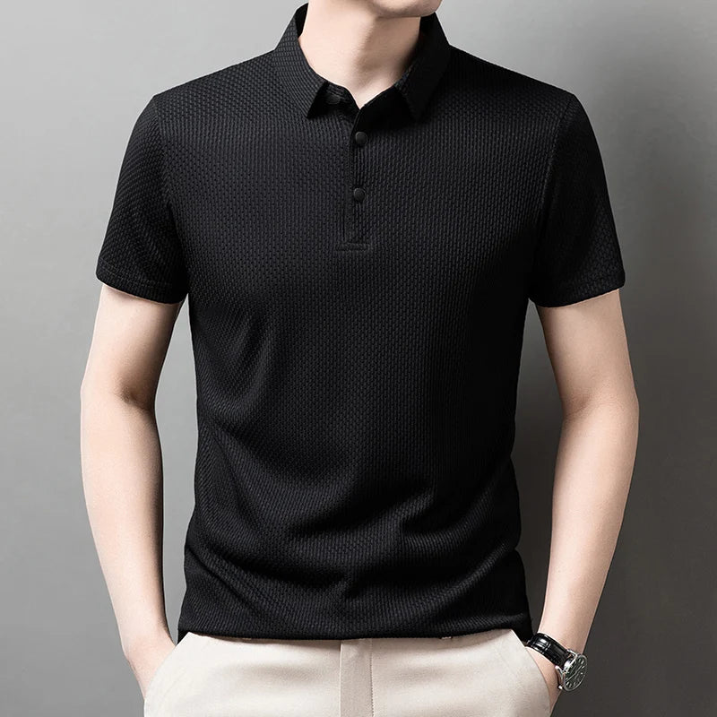 New Men's Business Casual Short Sleeved Bone Flower Solid Color POLO Shirt Fashion Breathable Comfortable Summer Versatile Top