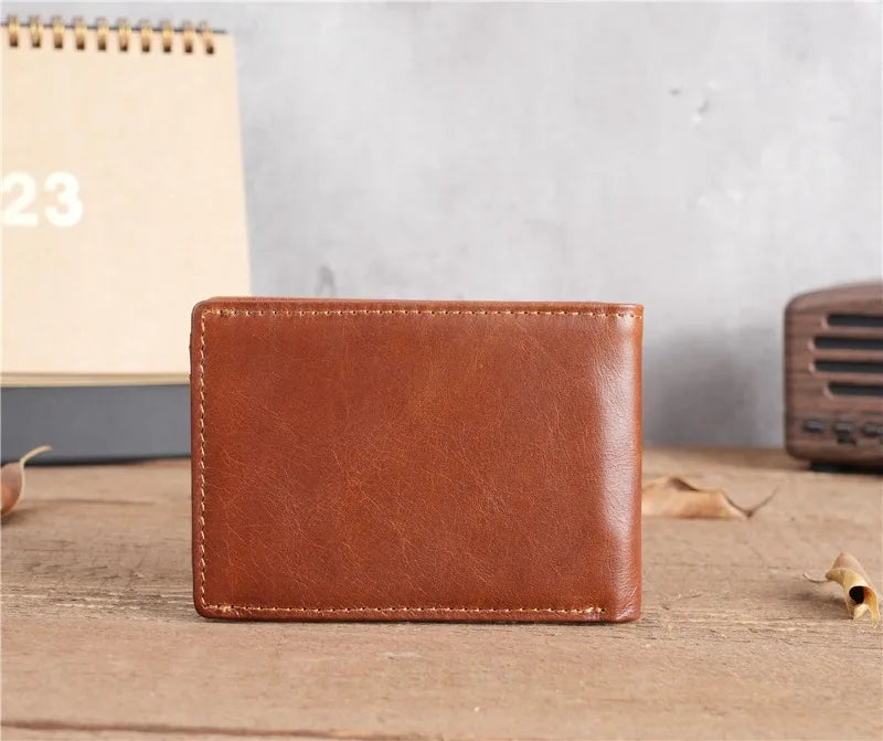 Crazy Horse Leather Men Wallets Retro Handmade Small Purse Top Cow Leather US Dollar Money Clip Bag Minimalist Wallet Portomonee