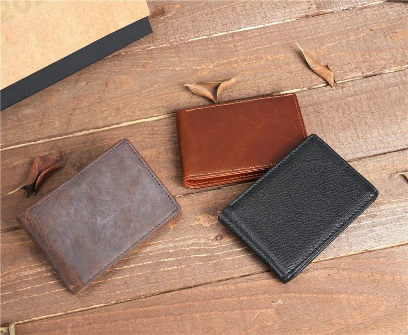 Crazy Horse Leather Men Wallets Retro Handmade Small Purse Top Cow Leather US Dollar Money Clip Bag Minimalist Wallet Portomonee