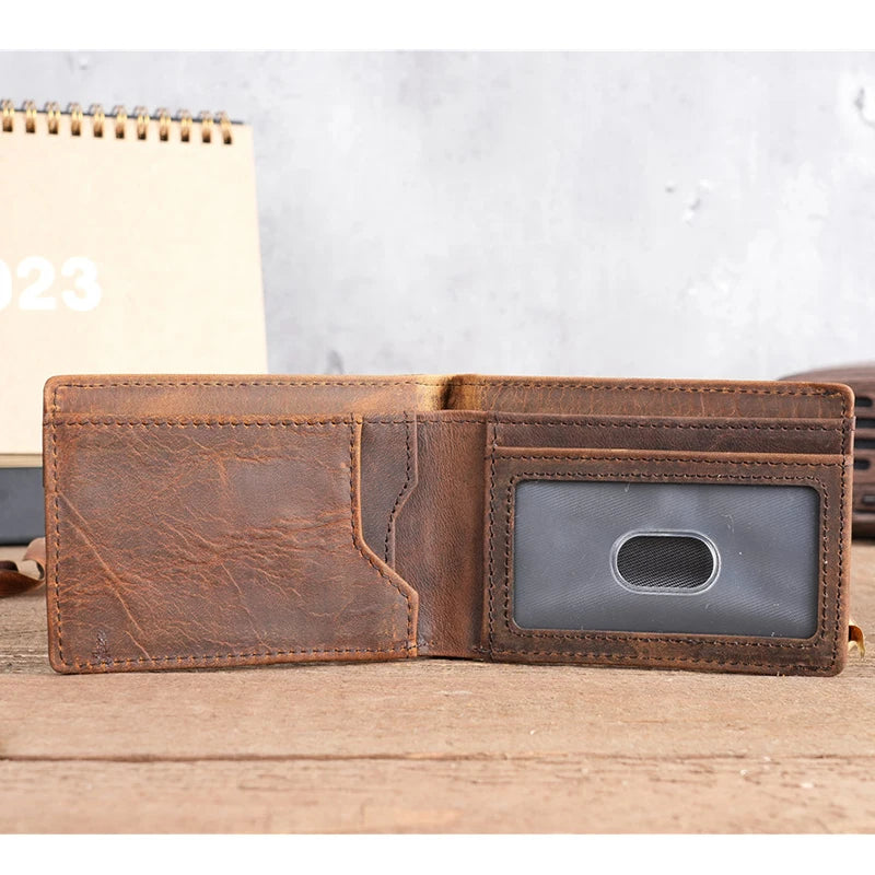 Crazy Horse Leather Men Wallets Retro Handmade Small Purse Top Cow Leather US Dollar Money Clip Bag Minimalist Wallet Portomonee