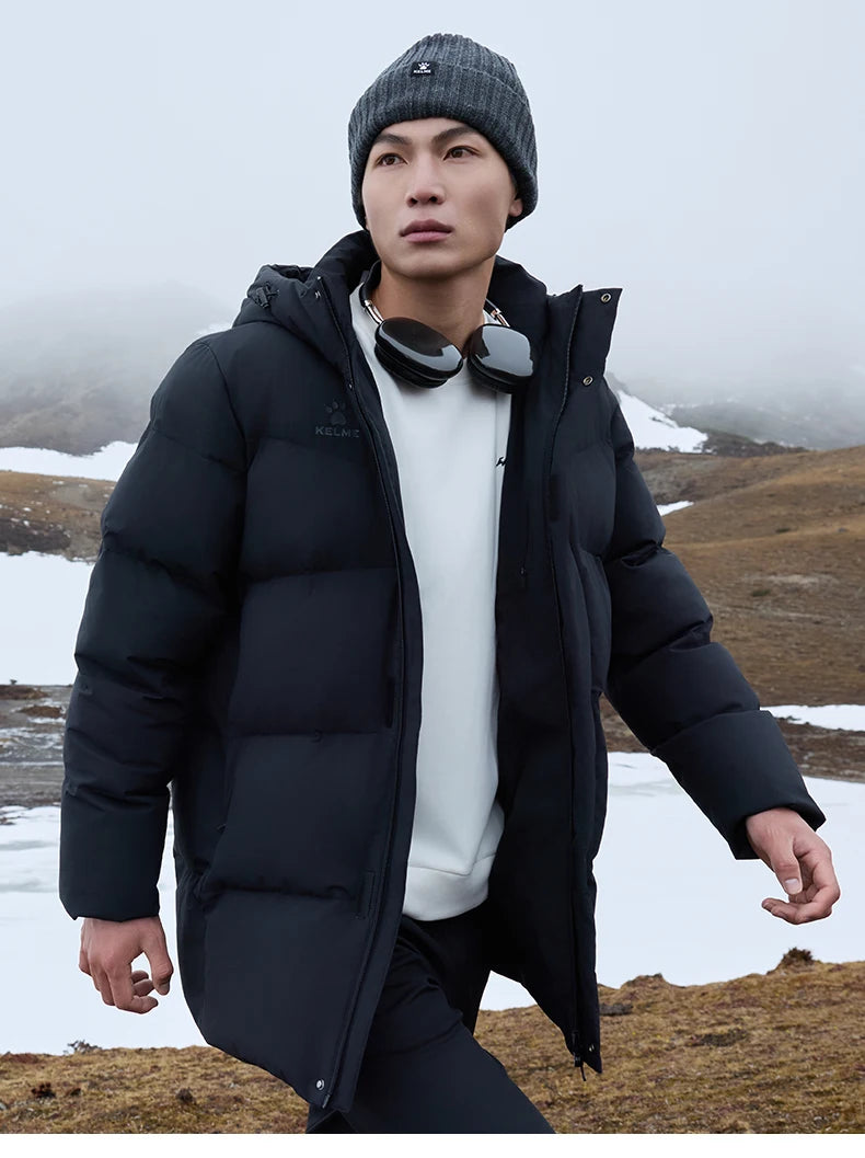 Kelme Men's Winter Windproof Training Jacket With Hooded Down-filled Insulation Outdoor Fleece-lined Thickened Coat