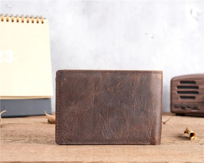 Crazy Horse Leather Men Wallets Retro Handmade Small Purse Top Cow Leather US Dollar Money Clip Bag Minimalist Wallet Portomonee