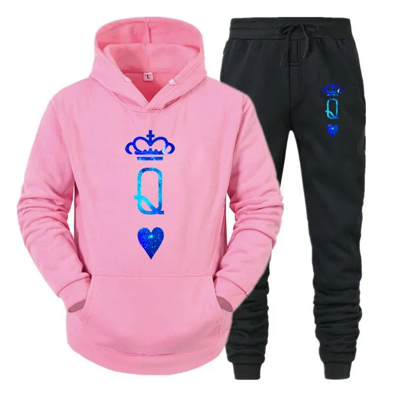 Couple Sportwear Set KING QUEEN Hoodies Two-Piece Lover Hooded Suits Hoodie Pants 2pcs Set Streetwear Men Women Matching Clothes