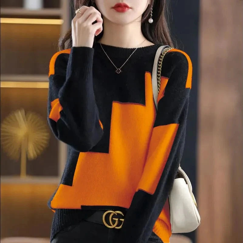Elegant Color Matching Round Neck Sweater Female Casual Stitching Knitte Pullover Sweater Women Spring Autumn Loose Sweater Lady