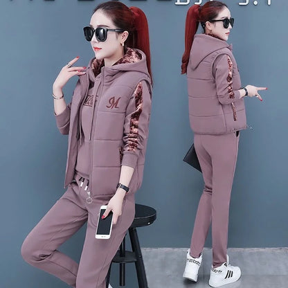 Women's Fashion Plush Thickened Sweat Suit 2025 Autumn Winter New Casual Hooded Tops Waistcoat Pants 3 Three Piece Set For Women