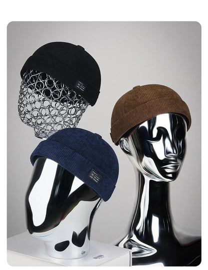 Autumn and winter corduroy brimless casual hat, personalized yuppie hat, men's and women's striped velvet melon skin hat