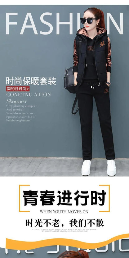 Women's Fashion Plush Thickened Sweat Suit 2025 Autumn Winter New Casual Hooded Tops Waistcoat Pants 3 Three Piece Set For Women
