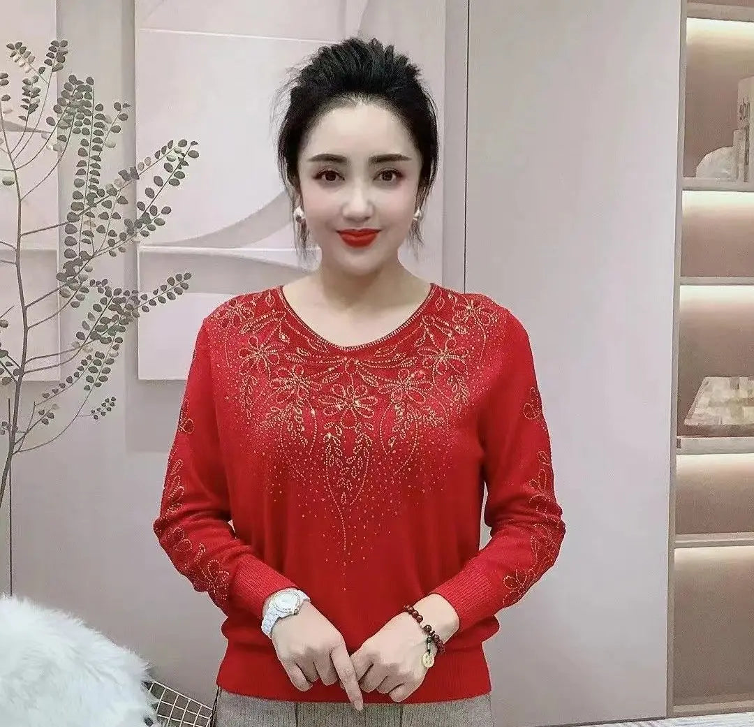 Spring Autumn New V-neck Long Sleeve Sweater Women High Street Rhinestone Patchwork Pullovers Screw Thread Solid Color Y2K Tops