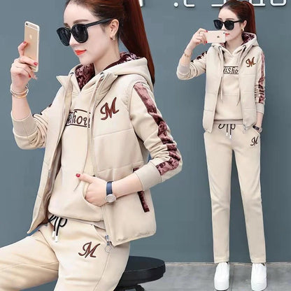 Women's Fashion Plush Thickened Sweat Suit 2025 Autumn Winter New Casual Hooded Tops Waistcoat Pants 3 Three Piece Set For Women