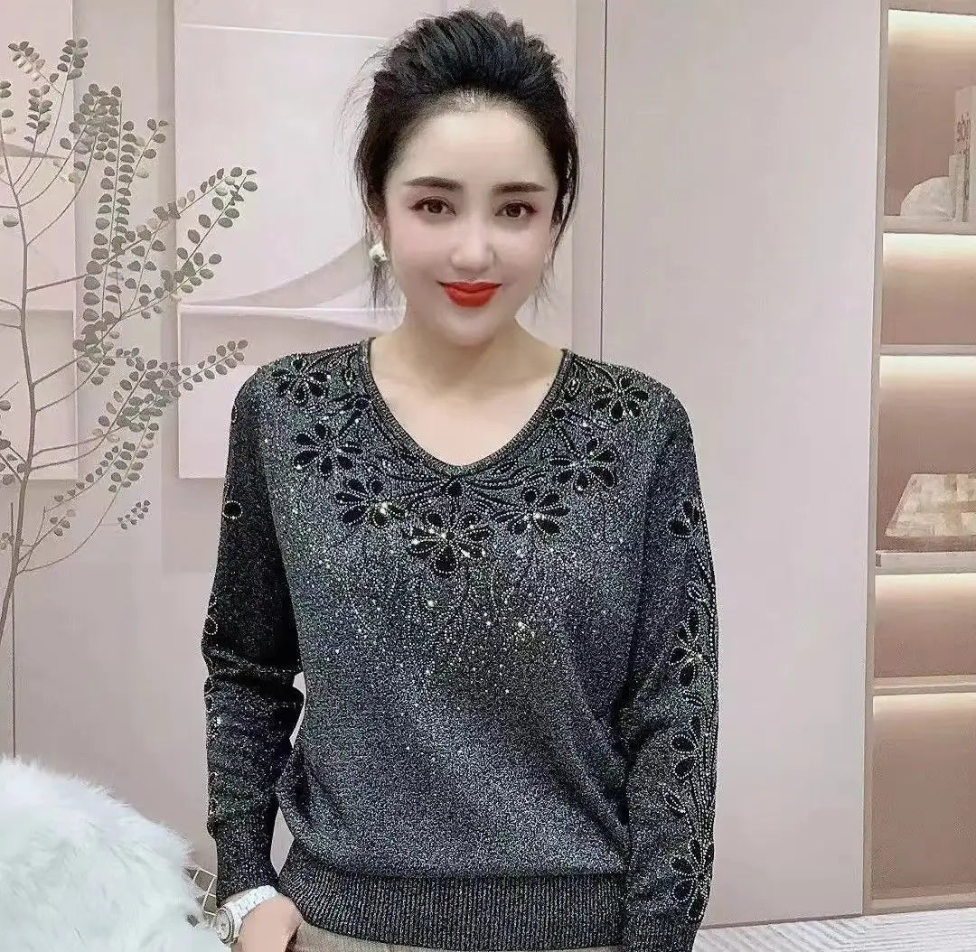 Spring Autumn New V-neck Long Sleeve Sweater Women High Street Rhinestone Patchwork Pullovers Screw Thread Solid Color Y2K Tops