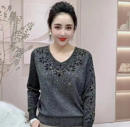 Spring Autumn New V-neck Long Sleeve Sweater Women High Street Rhinestone Patchwork Pullovers Screw Thread Solid Color Y2K Tops