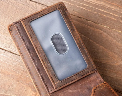 Crazy Horse Leather Men Wallets Retro Handmade Small Purse Top Cow Leather US Dollar Money Clip Bag Minimalist Wallet Portomonee