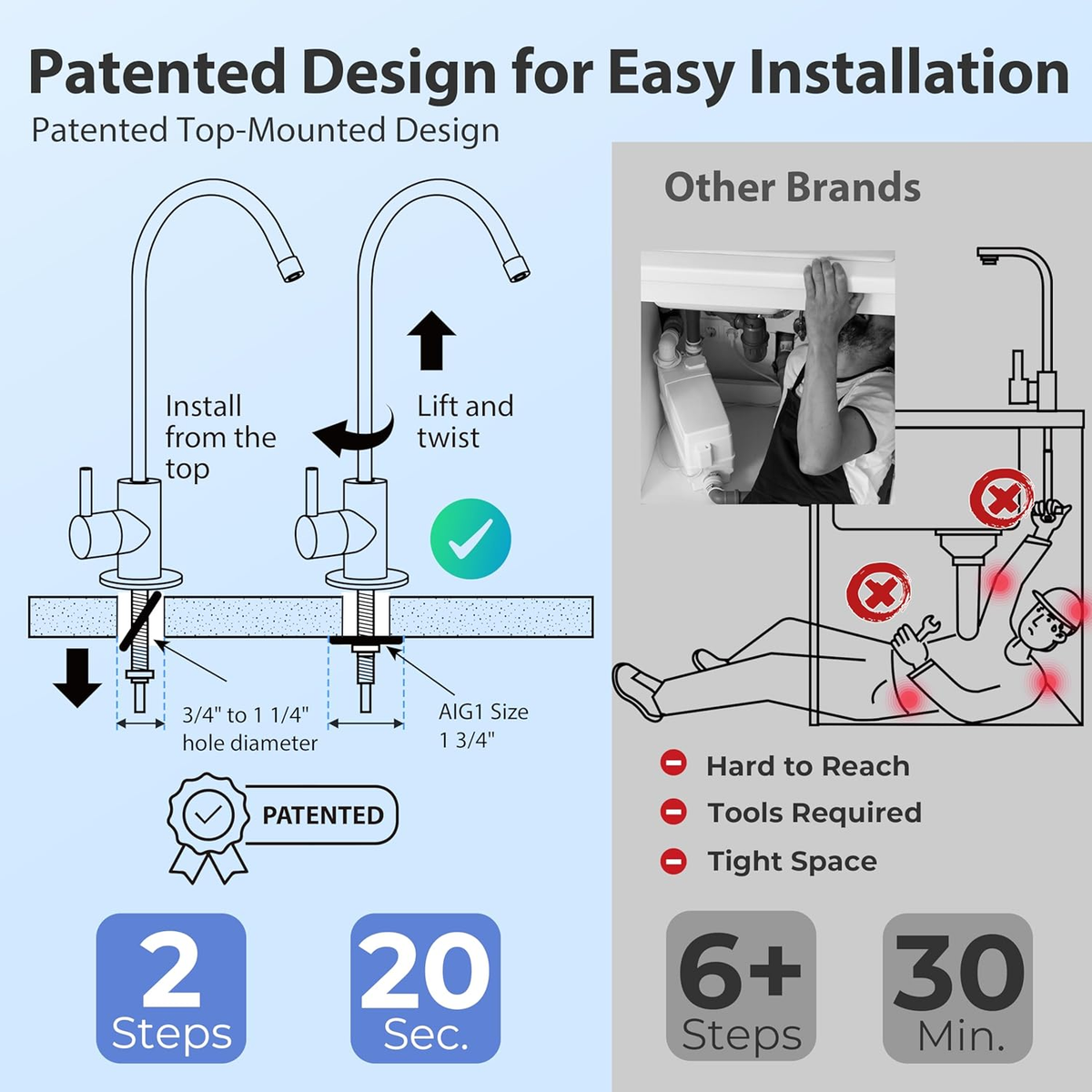 GA1-BN Drinking Water RO Faucet for Kitchen Sink, Heavy-Duty Lead-Free Reverse Osmosis Faucet for RO Water Filtration System, Non-Air Gap 100% Stainless Steel RO Faucet, Brushed Nickel Finish
